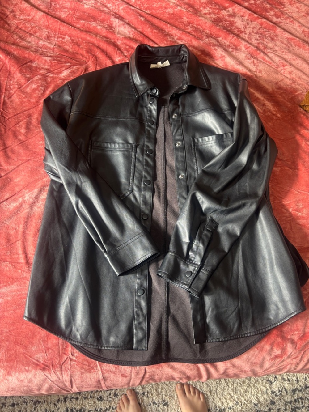 Women’s Black Faux Leather Button-Up Shacket